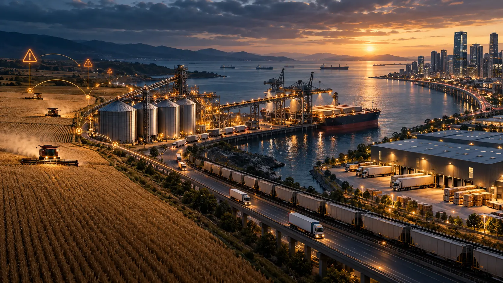 Connected commodity supply chain spanning production, storage, port logistics, distribution and final markets
